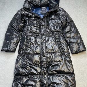 GAP Black upcycled shiny Puffer long coat M insulated snowbunny hooded w/pockets